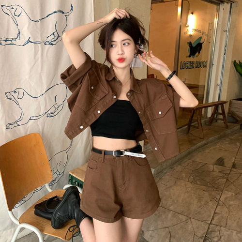 Tooling suit women's summer new retro polo collar short-sleeved jacket + temperament wide-leg shorts one-piece/two-piece set