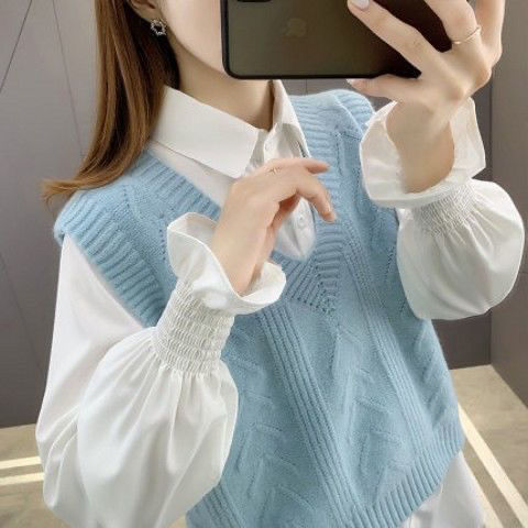  new sweater women's shirt vest vest two-piece suit knitted sweater spring and autumn loose and western style all-match