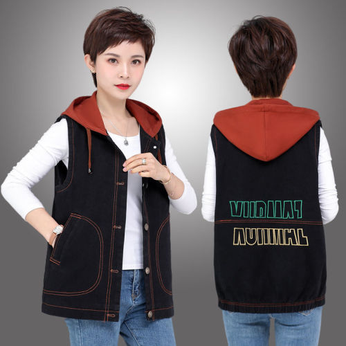 2022 mother spring and autumn denim vest spring and autumn ladies sleeveless embroidered short top middle-aged and elderly women's coat