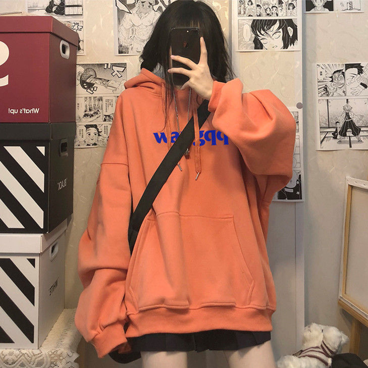 Milk department campus style alphabet hooded sweater male and female students autumn and winter new loose bf Korean version of the long coat tide
