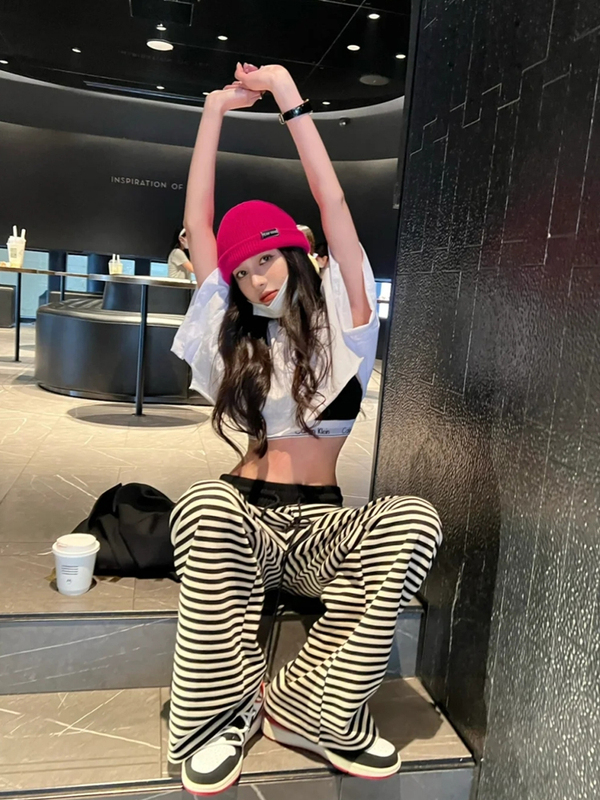 Net red black and white striped wide-leg pants women's summer thin section high-waisted loose drape straight-leg pants extended mopping casual pants