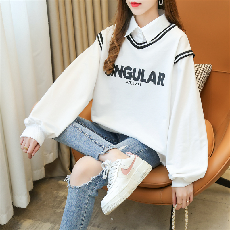2022 new autumn shirt letter tide sweater women's thin section long-sleeved fake two-piece top large size women's clothing