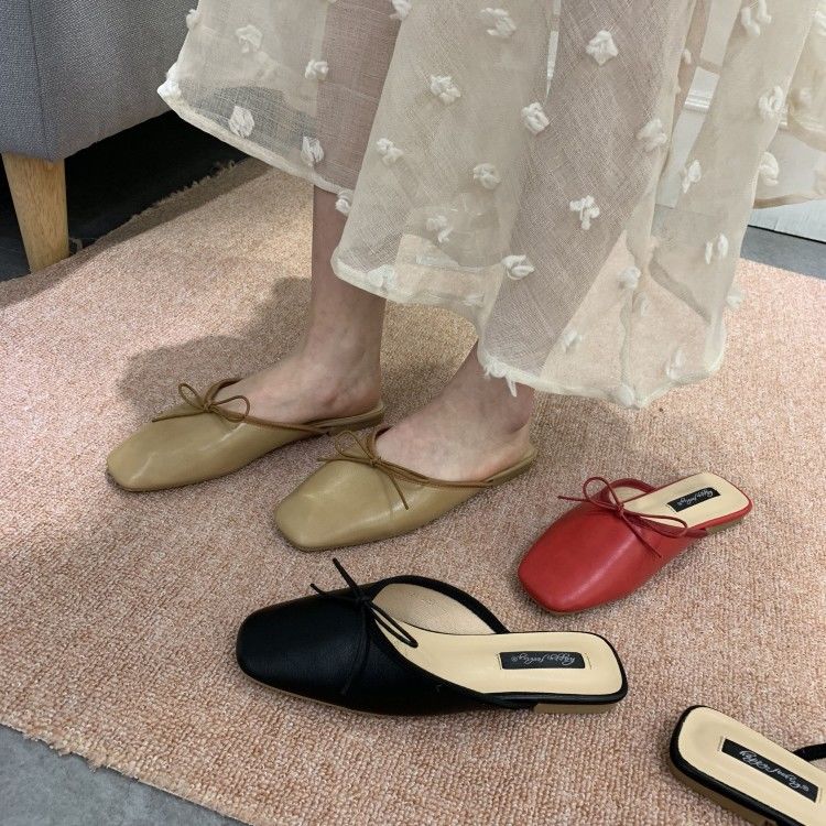 Dongdamen same style bow square head sandals women's shoes shallow mouth lazy no heel half slippers comfortable all-match women's shoes