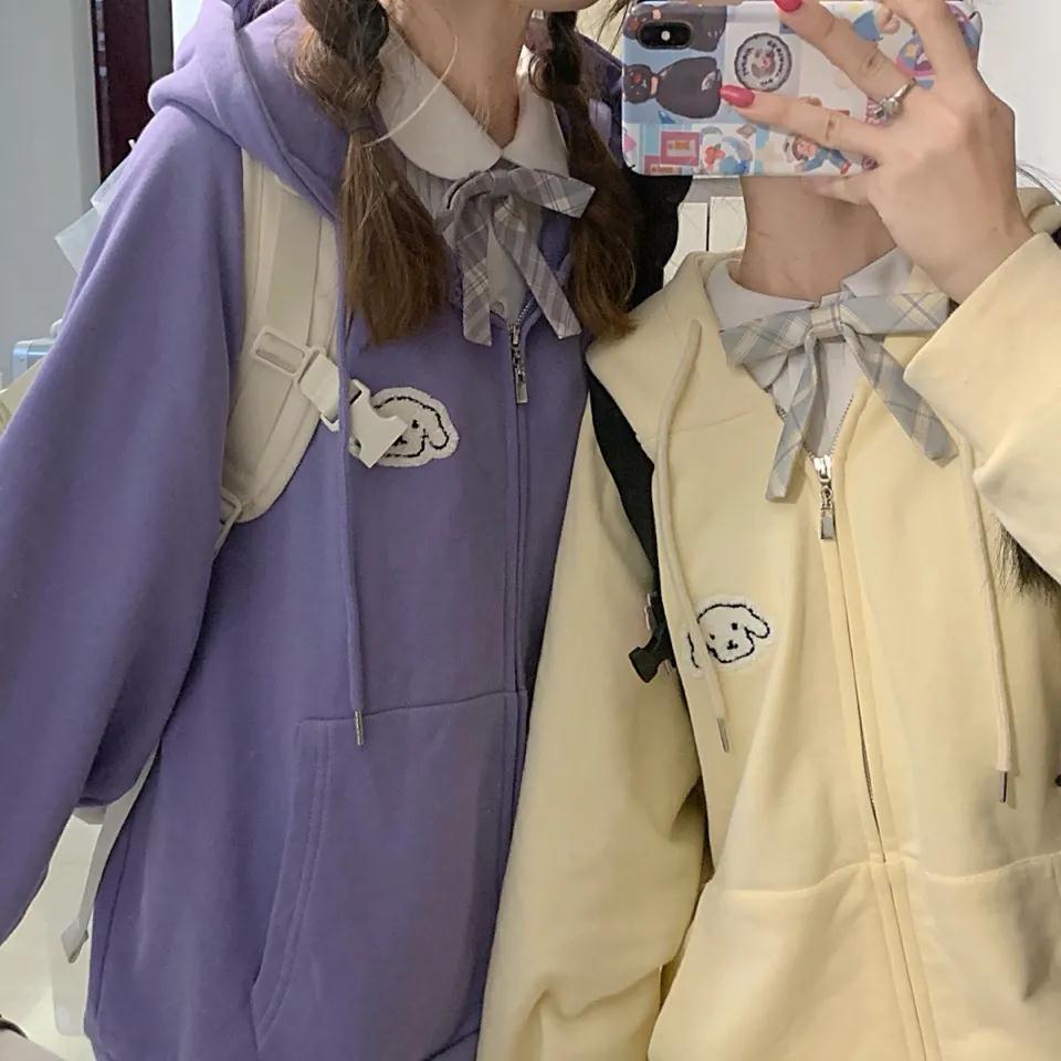 Autumn Japanese soft girl cute embroidery puppy student hooded cardigan loose sweater female zipper jacket girlfriends dress
