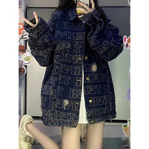 Net red loose full printed LOGO hole denim jacket 2022 early spring new ins lapel national tide couple jacket