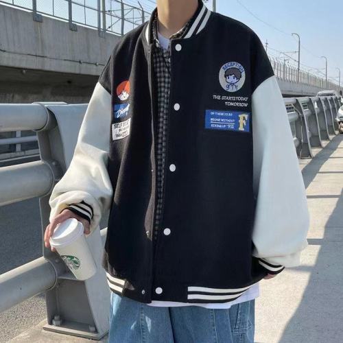 [Four-piece set] American baseball uniform jacket male ins tide student spring and autumn loose cartoon color matching couple suit
