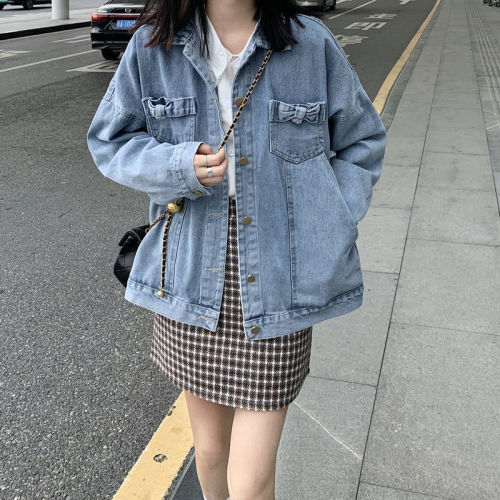 Bow denim short jacket women's early spring 2022 new student all-match chic small jacket top