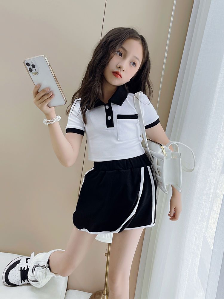 Girls 2022 Summer Mother and Child Wear Korean Style Slim Sports Style POLO Collar Short T-Shirt Top + Short Skirts