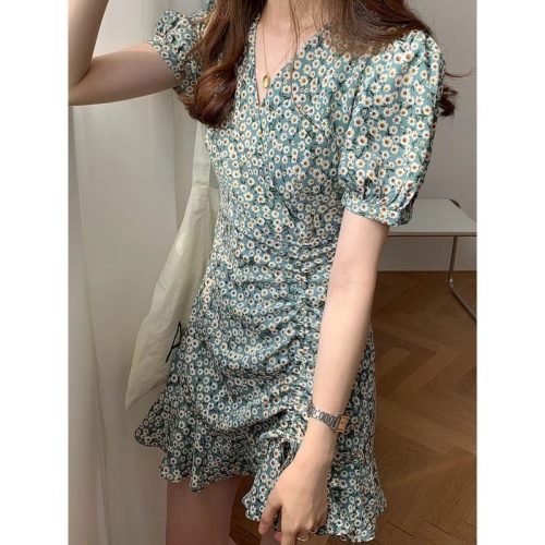 French Floral Dress Women's  Summer New Design Feels Thin Retro Printed Puff Sleeve Skirt