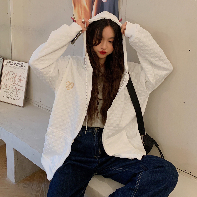 Real Price Fiber Waffle Hooded Women's Jacket Loose Loose Zipper Salt Series