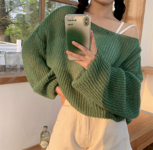 Real shooting real price summer new round neck simple hollow air-conditioning shirt was thin, light and slightly transparent loose long-sleeved sweater