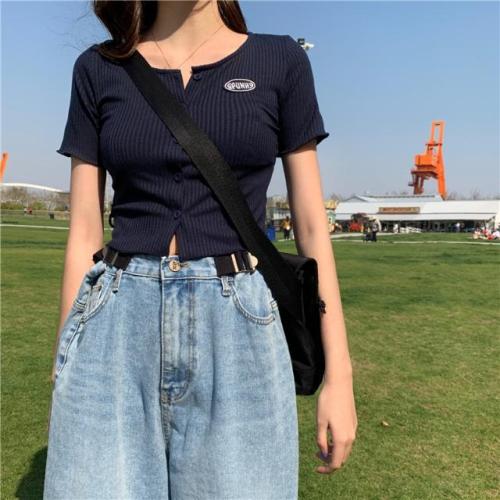 ins spring and summer new lazy wind cardigan top female student Korean version slim T-shirt bf Harajuku style bottoming shirt