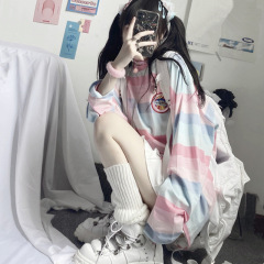 Rainbow striped t-shirt women's autumn 2022 new Korean version ins loose long-sleeved top
