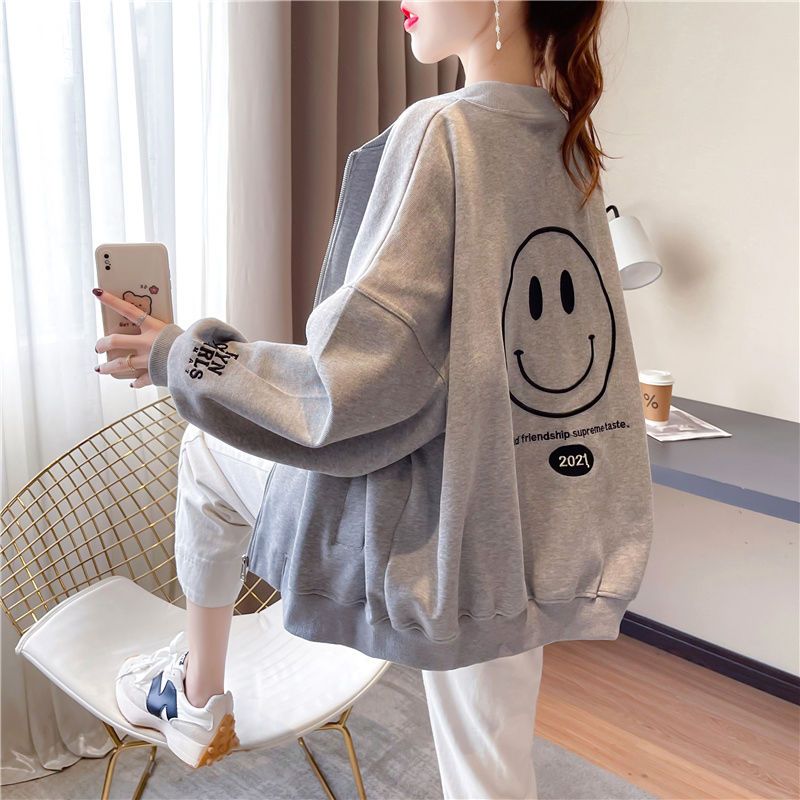 Spring and autumn new Korean version thin zipper jacket female trendy ins student smiley embroidery loose cardigan sweater
