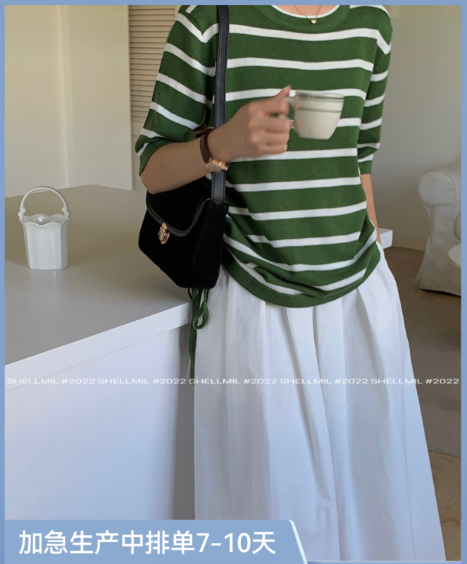 New in early autumn! [Xiao Mi] round neck striped all-match drawstring short-sleeved T-shirt 22006# ZJY
