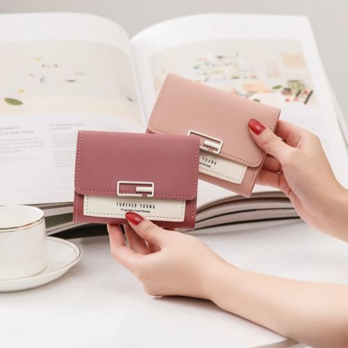 2022 new small wallet women's short Korean version fashion contrast color small fresh three-fold student cute coin purse card holder