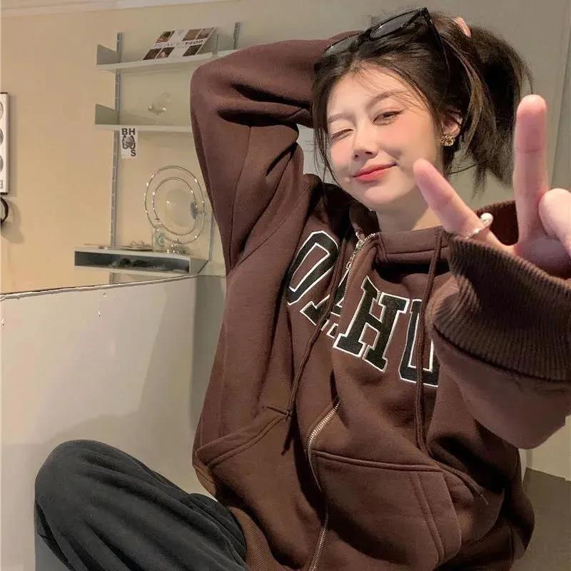 New thickened Korean version loose hooded sweater coat women's spring and autumn American retro zipper cardigan single wear top