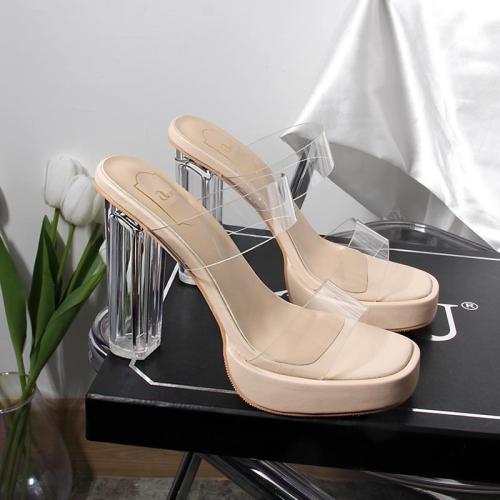Transparent slippers women wear high heels fairy style 2022 new net red one word crystal thick heel sexy