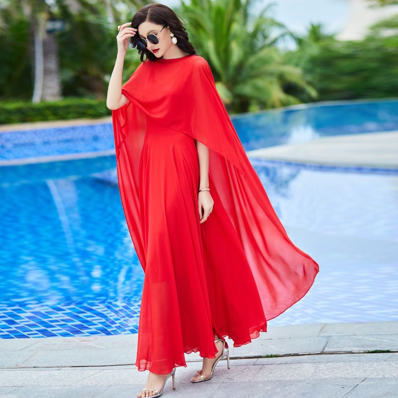 Two-piece cape chiffon dress summer new large size bohemian sunscreen beach skirt big swing long skirt fairy