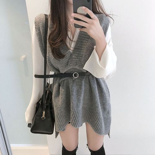 Korean chic all-match lazy style women's knitted vest with belt