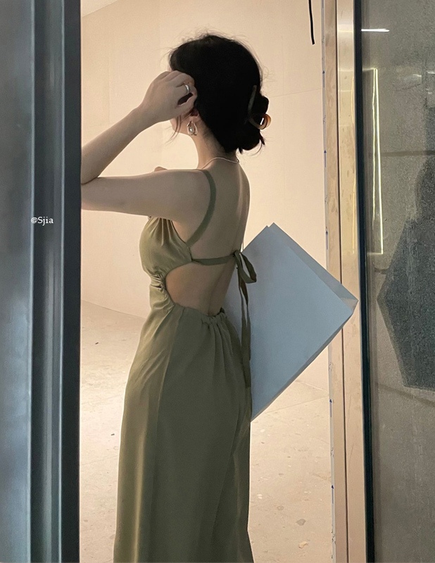 Real price Korean chic French backless design sense lace drawstring pleated bean green tea break dress