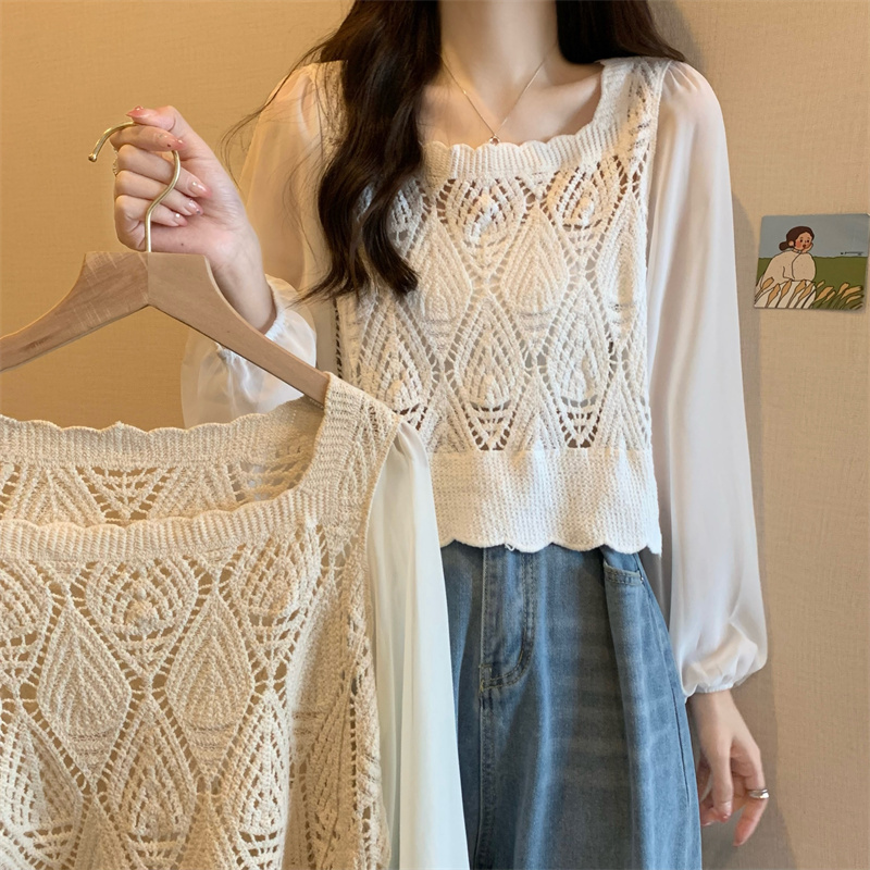 Korean style design hook flower hollow stitching chiffon long-sleeved short loose shirt ladies sunscreen top