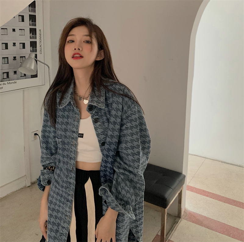 Real price real price early autumn Korean version all-match loose mid-length retro temperament houndstooth denim jacket