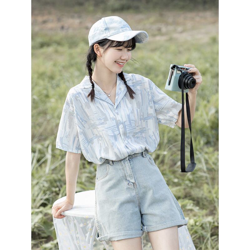2022 new shirt Hong Kong flavor retro niche design suit collar tie-dye print loose shirt top women's summer