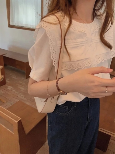 Gao Tian Seoul Lace Collar Shirt Women's Summer Short Sleeves Temperament Gentle Design Small Tops