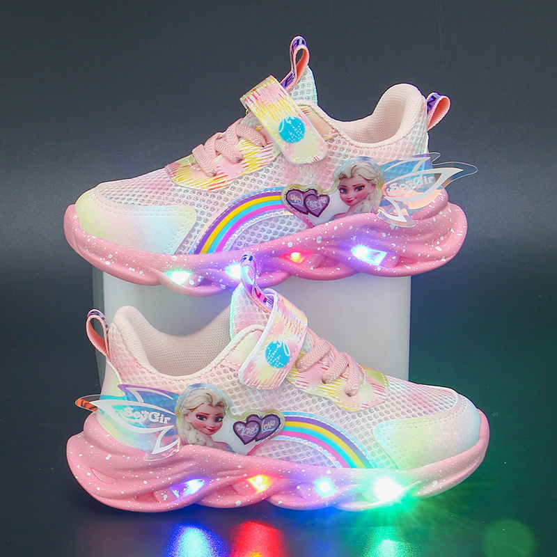 Girls shoes with lights 2022 spring and autumn new mesh breathable girls sneakers middle and small children little girls princess shoes