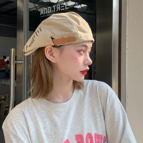 Spring and summer Japanese niche retro beret women's trendy Korean version leather buckle embroidery forward hat reverse-wearing peaked hat women