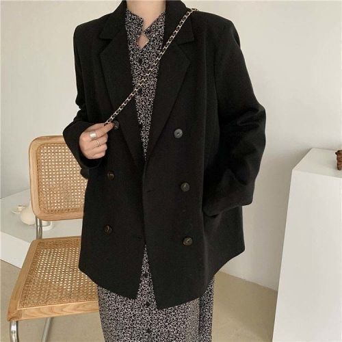 Black suit jacket women's  spring, autumn and winter new Korean version loose fashion simple commuter double-breasted suit trend
