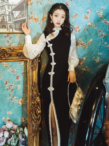French minority style retro lace stitching waistband improved cheongsam dress