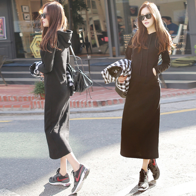 Winter skirt women's 2022 new hooded sweater dress long over the knee autumn and winter slim fit and slim long-sleeved Korean dress trendy