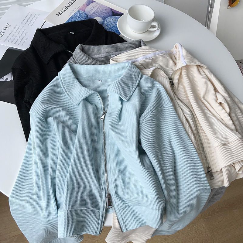 Cotton Waffle Short Jacket Women's Autumn Korean Version Hard Loose Design Double Zipper Top Casual Cardigan Trendy