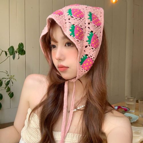 Sweet and spicy little strawberry triangle headscarf crochet knitted straps sweet girl net red bag headscarf straps headwear new