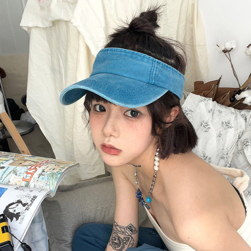 Outdoor sunshade blue tennis hat running empty top hat women's sports washed old summer no top high ponytail hat