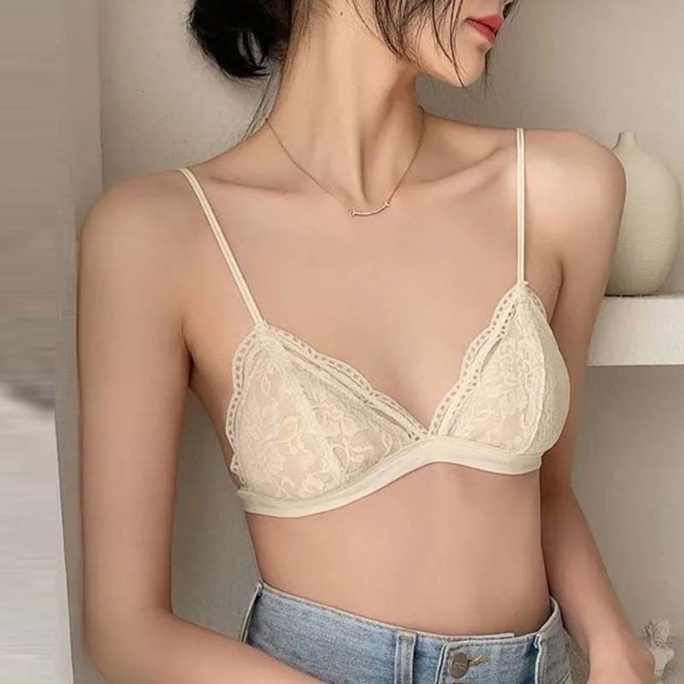 Small breast girl underwear summer thin section student big breast show small open back beautiful shoulder triangle cup bra flat chest no steel ring