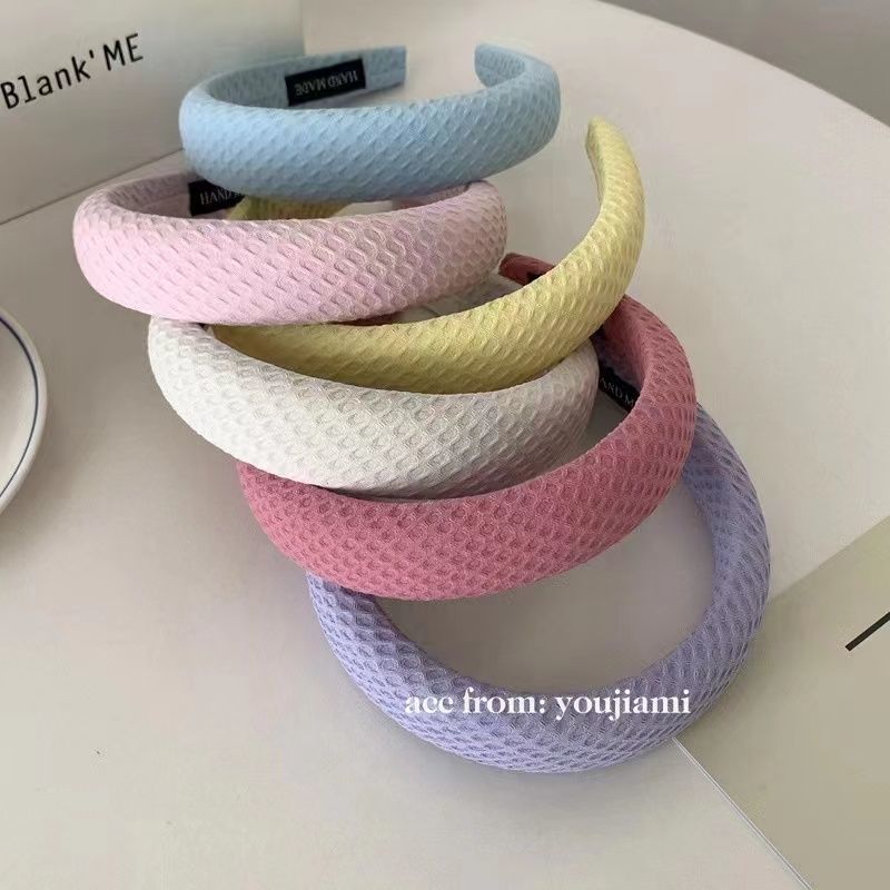 Cream Waffle Hair Hoop Sweet Versatile Sponge Head Hoop Net Infrared Solid Color Hairpin Wash Face Hair Accessories Japan and South Korea
