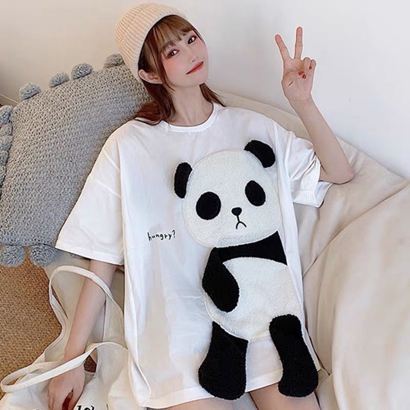 Cotton-containing spring and summer new short-sleeved t-shirt women's 2022 Korean version ins loose panda embroidered cute Japanese white top