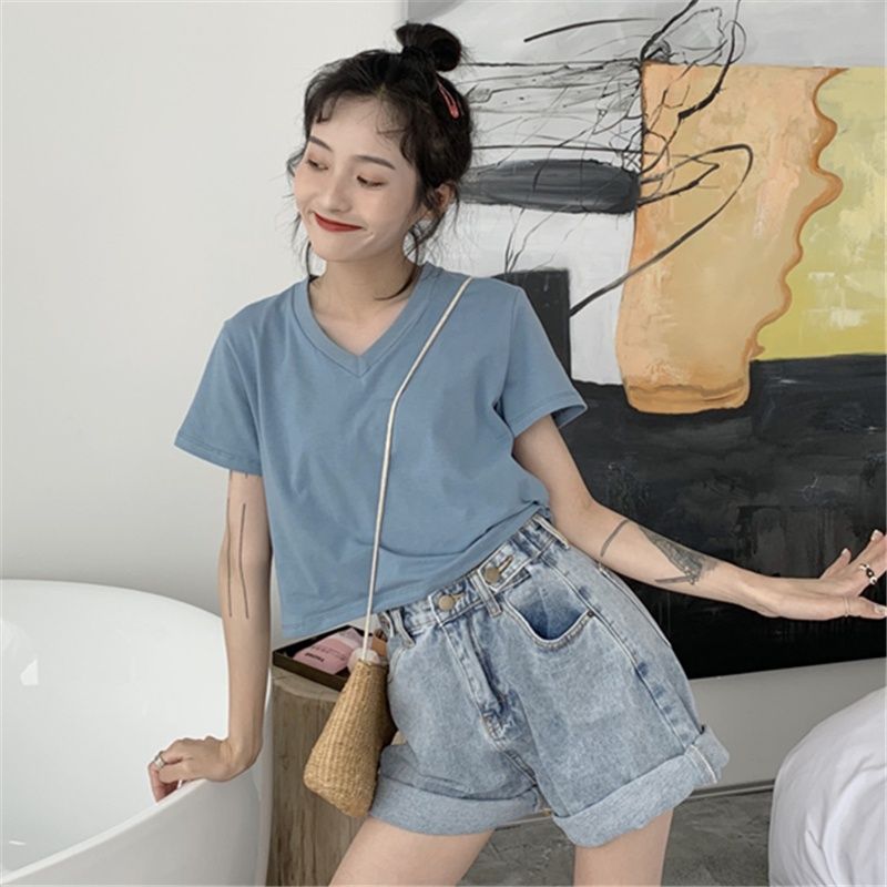 Summer new Korean version of the net red short-sleeved t-shirt female Western style wild loose V-neck short t-shirt student shirt ins