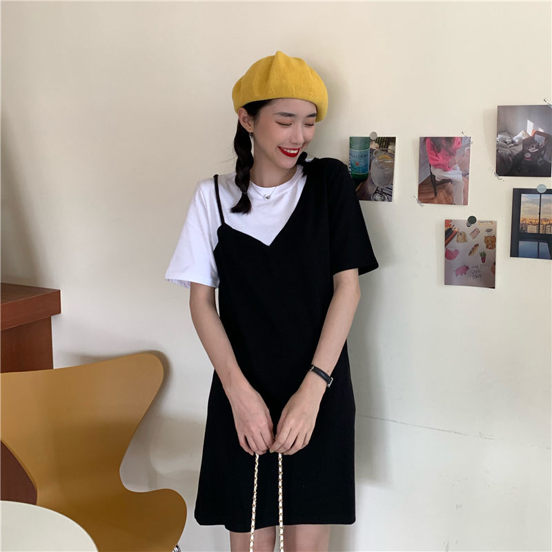 Fake two-piece black A-line dress female 2020 new summer student medium and long small T-shirt skirt net red