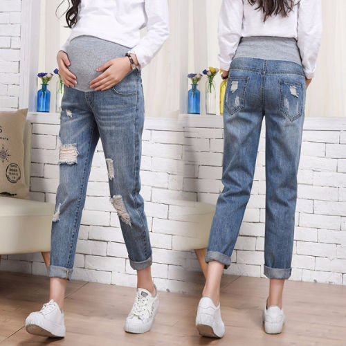 Summer adjustment pregnant women's ripped jeans wear nine-point pants loose casual fashion trendy mom straight pants trendy