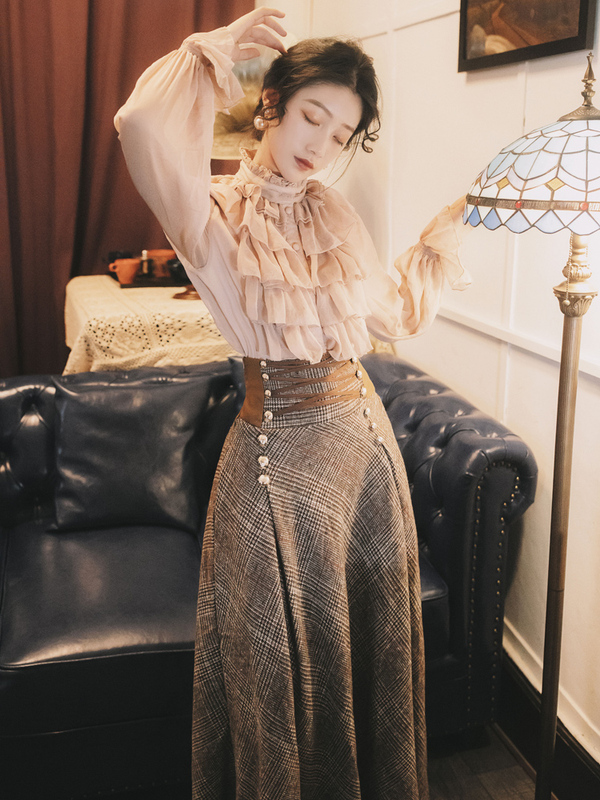 Autumn style stand collar Lantern Sleeve Shirt lotus leaf Top + bandage high waist large swing skirt set
