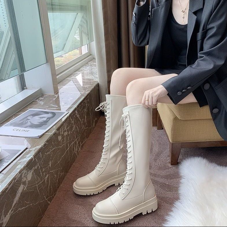 Knight boots flat boots women's 2021 new autumn and winter high tube thick bottom black lace-up but knee boots trend