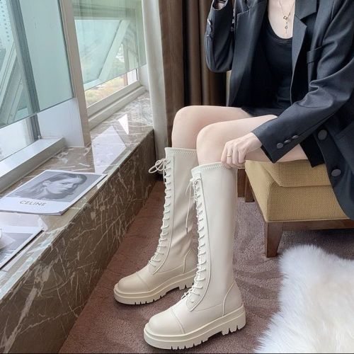 Knight boots flat boots women's  new autumn and winter high tube thick bottom black lace-up but knee boots trend