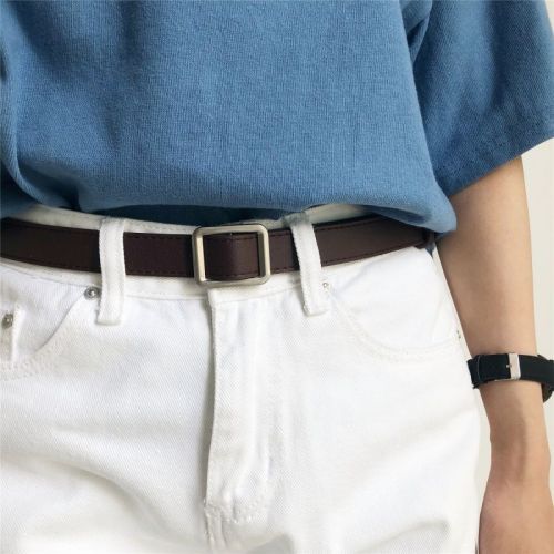 Small belt without hole square buckle ladies Korean version of the young man's narrow belt Hong Kong style all-match simple decorative retro belt
