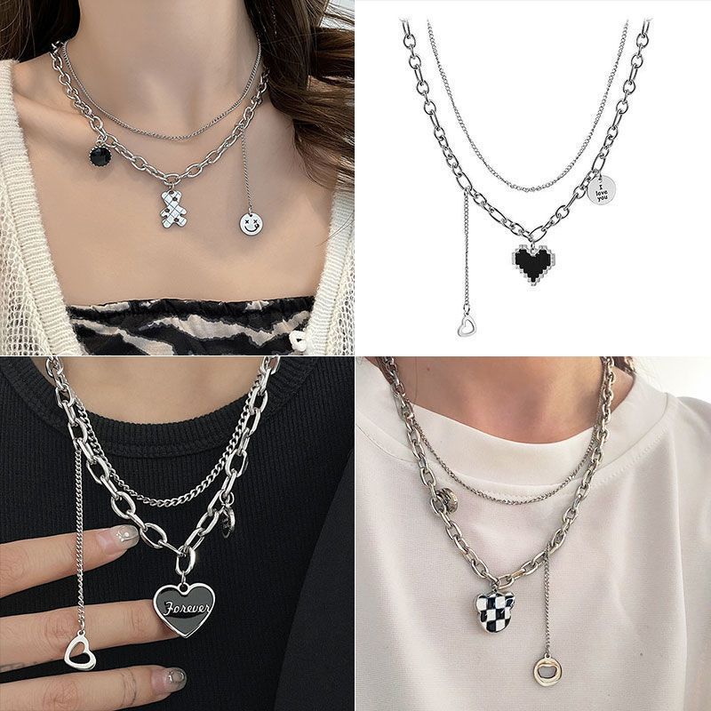 Korean version of the tide stacked love necklace ins students summer niche design wild personality hip-hop clavicle chain necklace