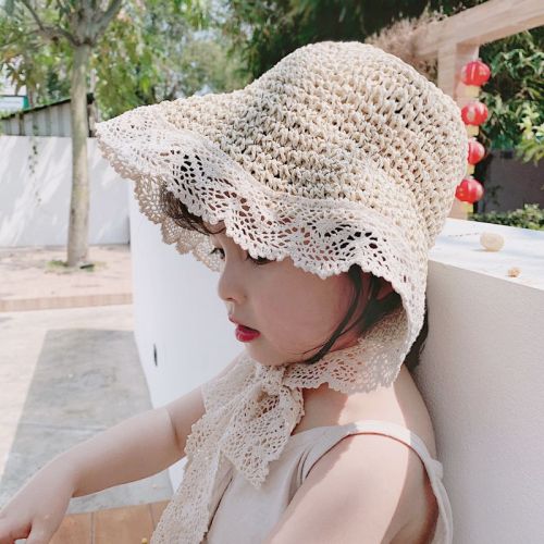 Children's straw hat female princess summer sunscreen lace straw foldable cute boy baby beach shade fisherman hat