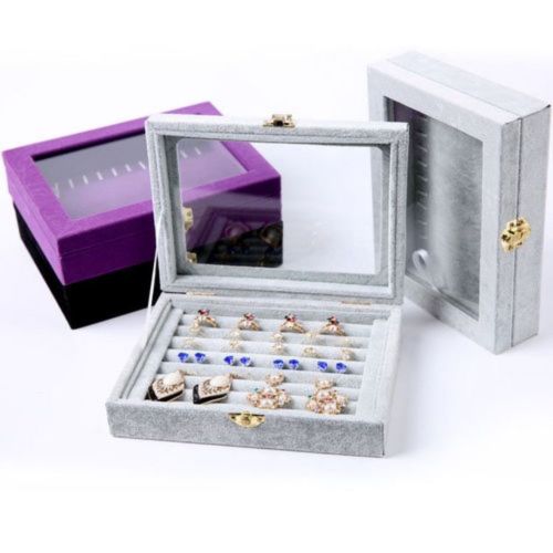 Simple large-capacity window transparent flannel storage box ring box ear stud box necklace box